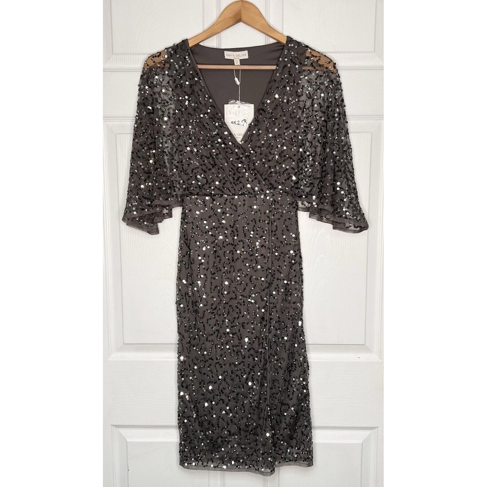 Maya Deluxe Womens Petite 00 Charcoal (Gray) Sequin Faux Wrap Dress Wedding NWT